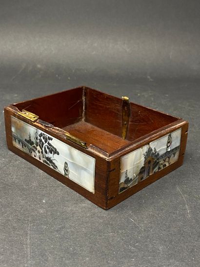 null Rectangular wooden box decorated with mother-of-pearl inlays engraved with scenes...