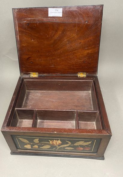 null Wooden case decorated on all sides with stone marquetry panels depicting fruit,...