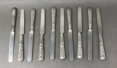 null Ten fruit knives, silver blades, forged silver sheaths (Minerve), handles with...