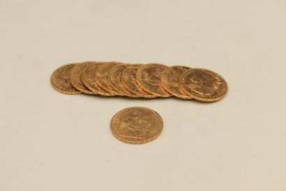 null Lot composé de 10 pièces en or de 20 Fr au Coq (1904, 1907, 1911).
Poids : 64,50...