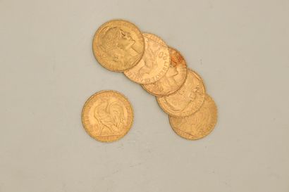 Lot de six pièces en or de 20 francs Coq...