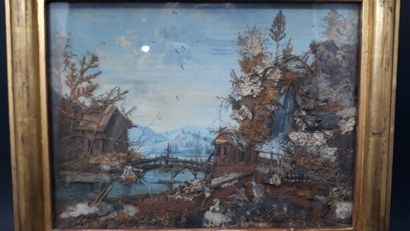 null Two matching dioramas depicting two lakeside landscapes in watercolors on paper,...