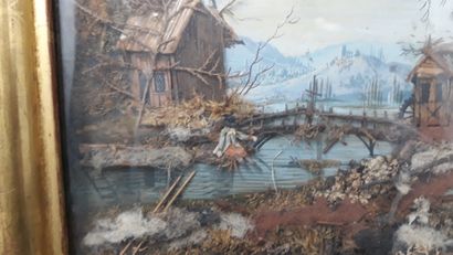 null Two matching dioramas depicting two lakeside landscapes in watercolors on paper,...