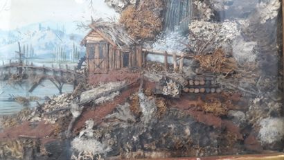 null Two matching dioramas depicting two lakeside landscapes in watercolors on paper,...