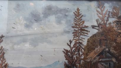 null Two matching dioramas depicting two lakeside landscapes in watercolors on paper,...