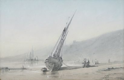 Jules Achille NOEL, 1810/15 -1881 Voilier et pêcheurs sur la grève Dessin à la mine...