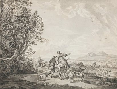 École Hollandaise début XVIIIe siècle Paysage animé Lavis gris, 24 x 31,5 cm. Collé...