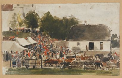 Jozef CHELMONSKI, 1849-1914 Le marché aux chevaux Aquarelle (rousseurs), signée en...