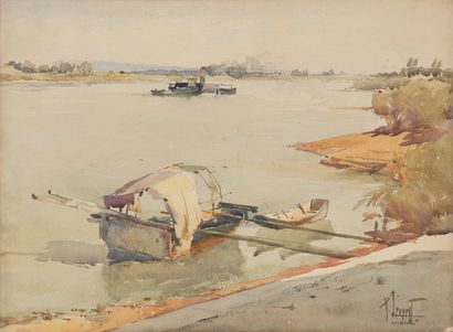 null Barques et remorqueur près d'Avignon Aquarelle (légère insolation), signée et...