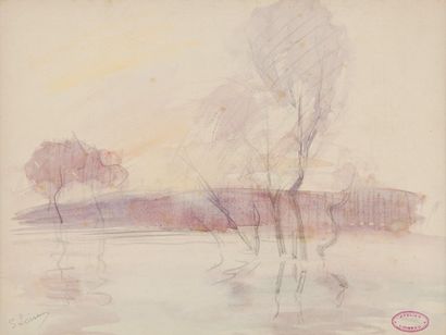 Gustave LOISEAU, 1865 -1935 Les innondations au crépuscule Aquarelle (légères rousseurs),...
