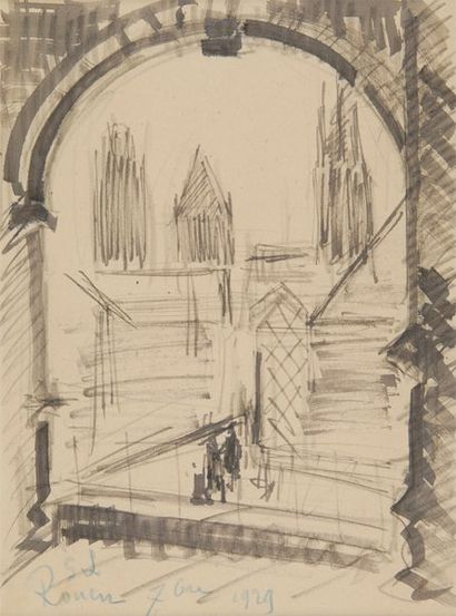 null Rouen, la cathédrale vue d'une arcade, 7bre 1929 Dessin au crayon noir, à la...