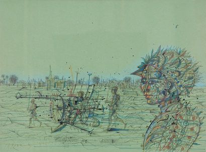 Jean CARZOU, 1907-2000 L'artillerie, 1991 Dessin à l'encre et au crayon de couleurs...