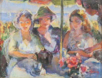Suzanne Blanche KAEHRLING, 1902-1985 Le thé sous un parasol Pastel, signé en bas...