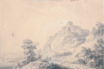 Adrian ZINGG (1734 - 1816) Paysage fluvial animé Plume et encre noire, lavis gris....
