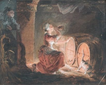 Philibert-Louis DEBUCOURT (1755 - 1832) Jeune femme dans une cave Aquarelle gouachée,...