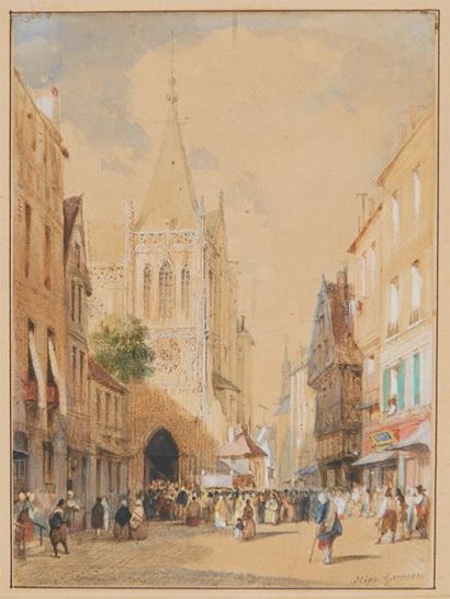 Hippolyte GARNEREY, 1787 -1858 Procession dans une rue normande Aquarelle gouachée...