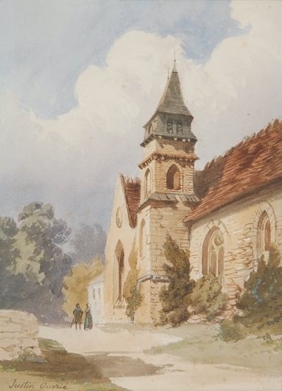 Justin Pierre OUVRIÉ, 1806 -1879 Église de campagne Aquarelle, signée en bas à gauche,...