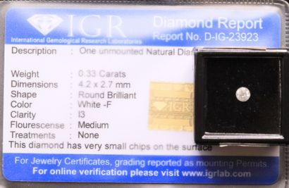null Diamant "white F" rond sous-scellé.
Accompagné d'un certificat de l'IGR indiquant...