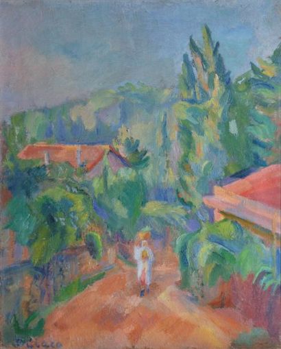 CLARO Émile, 1897-1977 Paysanne au chemin Huile sur toile, signée en bas à gauche,...