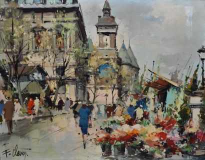 CLAVER Fernand, 1918-1961 Le marché aux fleurs et les quais, Paris Huile sur toile,...