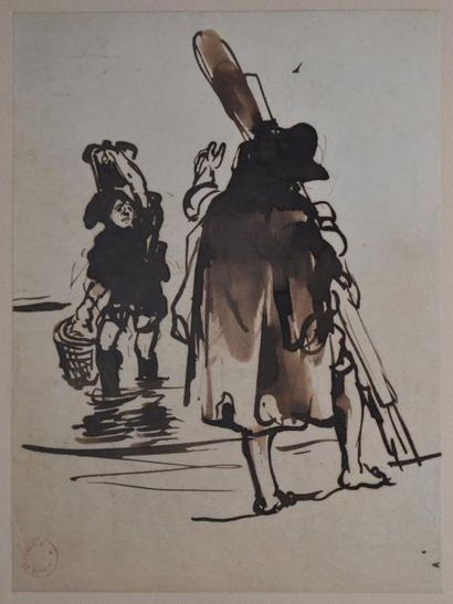 DEHODENCQ Alfred, 1822-1882 Batelier et pêcheur Feuille d'étude à la plume de roseau...