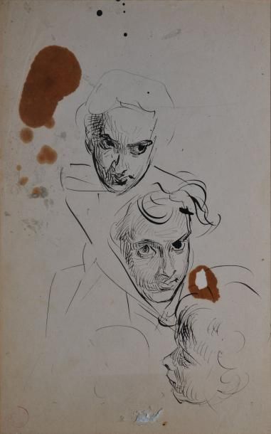 DEHODENCQ Alfred, 1822-1882 Trois visages Feuille d'étude à la plume et encre noire...