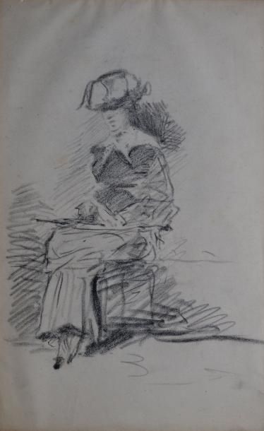 DEHODENCQ Alfred, 1822-1882 Élégante Etude au crayon noir (rousseurs et petits accidents),...