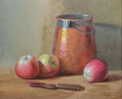 DOMINGO-SEGURA Francesco, 1893-1974 Trois pommes au pot de cuivre Huile sur toile,...