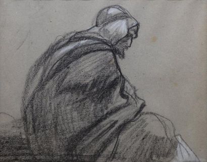 ÉCOLE ORIENTALISTE XIXe siècle Arabe assis de profil Pierre noire et craie blanche...