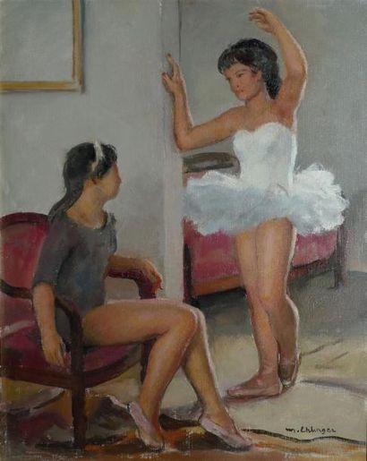 EHLINGER Maurice, 1896-1981 Ballerines en conversation huile sur toile, signée en...