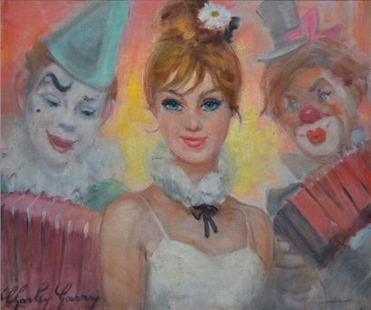 GARRY Charley, 1891-1973 Pierrette aux deux clowns Huile sur toile (accidents), signée...