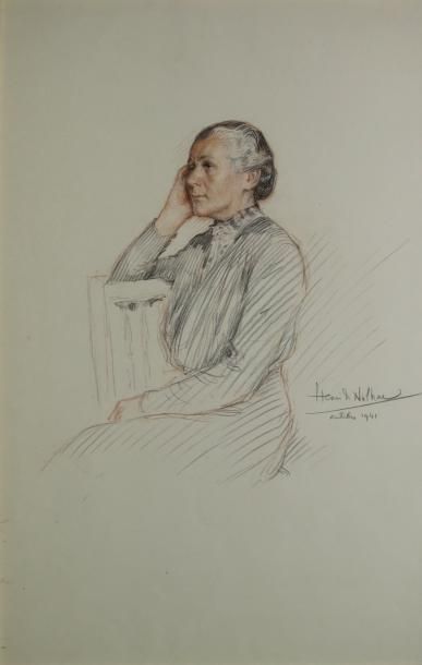 GIRAULT DE NOLHAC Henri, 1884-1948 Dame de profil, Antibes, 1941 Crayon noir et sanguine,...