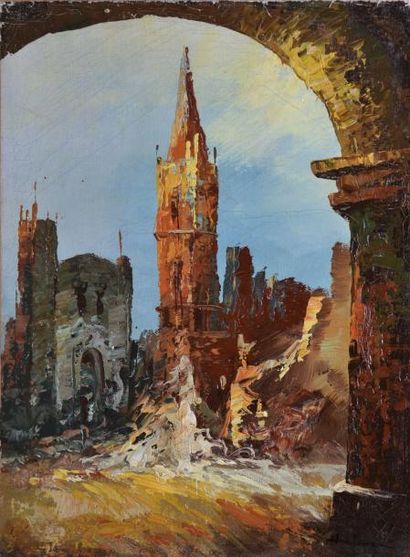 HANDERSON, XXe siècle Ruine et clocher Huile sur toile (craquelures, manques et restaurations),...