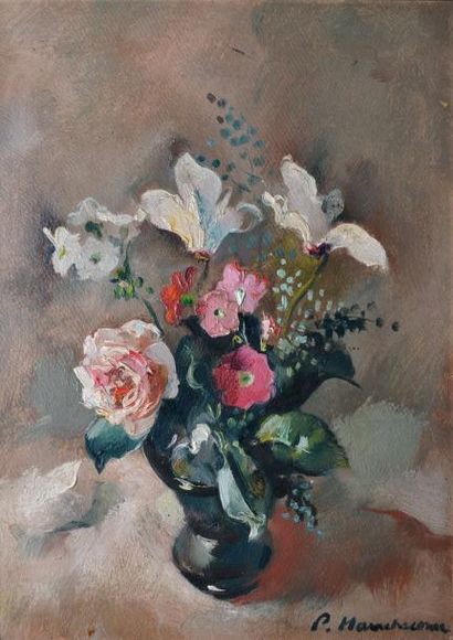 HAUCHECORNE Philippe, 1907-1976 Bouquet à la rose Huile sur carton, signé en bas...