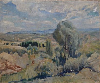 LABARTA PLANAS Francesc, 1883-1963 Vent, paysage vallonné, 1932 Huile sur toile (manques),...