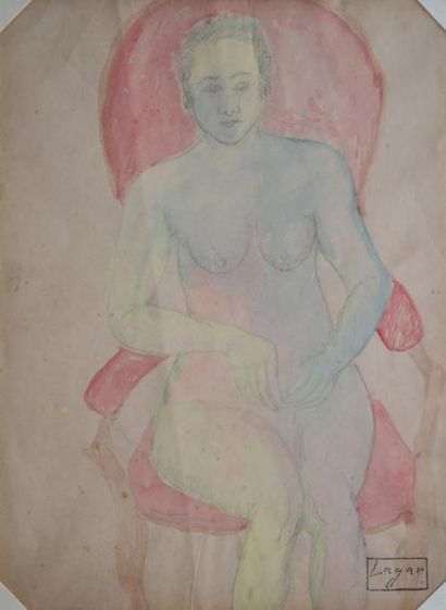 LAGAR Celso (1891-1966) Nu au fauteuil rouge Aquarelle (traces de plis et tâches),...