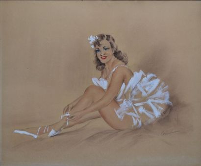 LEMPEREUR, XXe siècle Ballerine laçant son chausson Crayons de couleurs et gouache...