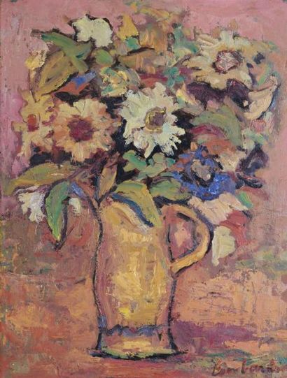 LOMBARDI François, XXe siècle Bouquet au pichet jaune Huile sur toile, signée en...