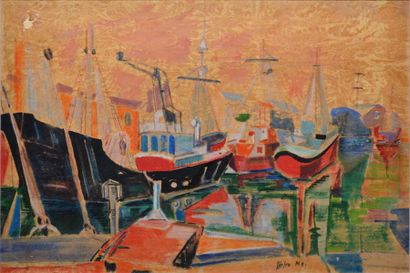 MAI Helen, née en 1903 Bateaux au port Gouache et peinture sur calque doublé (traces...