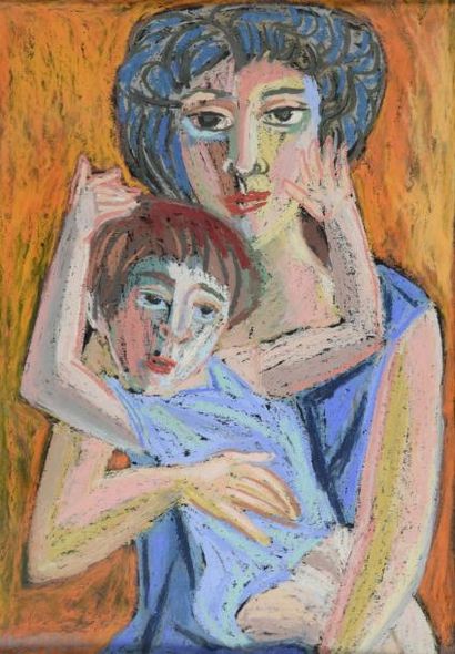 MORARESCU Drago, 1923-2005 Mère portant son enfant, 1970 Pastel gras sur papier noir,...