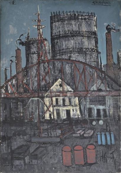 NYLAND Gérard H., XXe siècle L'usine à gaz, 1950 Huile sur toile (petits accidents),...
