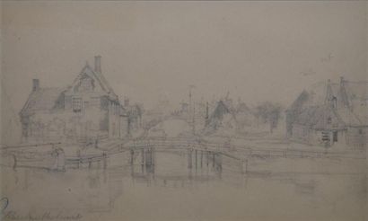 OUVRIÉ Justin, 1806-1879 Canal, ville et maisons aux Pays-Bas Crayon noir sur papier...