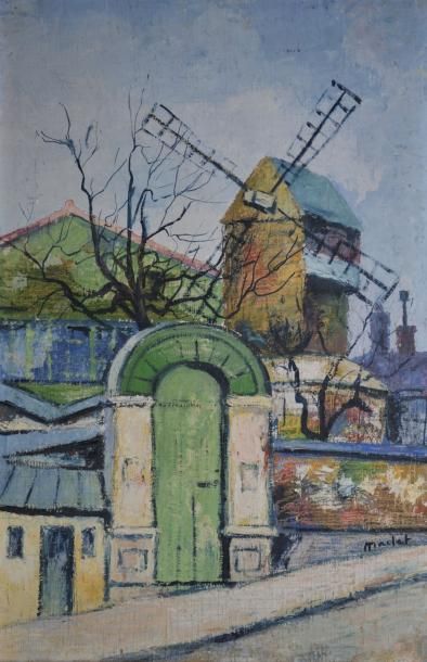 MACLET Élisée, 1881-1962 Le Moulin de la Galette Huile sur toile de remploi, signée...