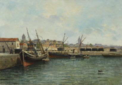 MASCART Gustave, 1834 -1914 Vue d'un port Huile sur toile rentoilée, signée en bas...