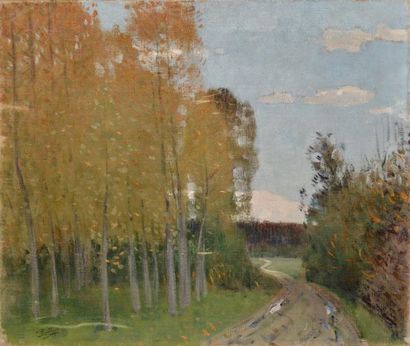 MONTEZIN Pierre Eugène, 1874 -1946 Chemin aux peupliers Huile sur toile (restaurations),...