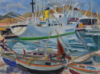 PONCELET Maurice Georges, 1897-1978 Yacht en Méditerranée, 1954 Huile sur toile,...