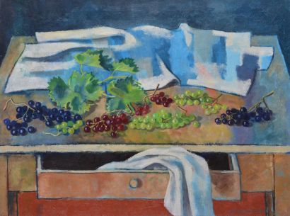 PONCELET Maurice Georges, 1897-1978 Raisins sur la table à tiroir Huile sur toile,...