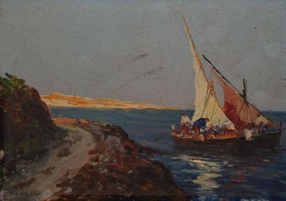 RINALDI R.U., XXe siècle Pêcheurs sur la côte Huile sur isorel, signé en bas à gauche,...