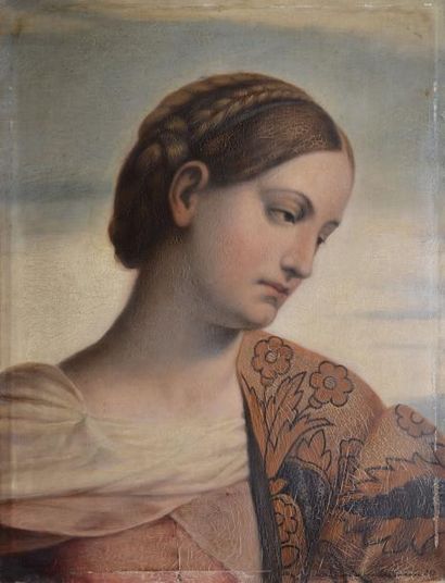 SCHÖFFMANN Maria, 1859-1941 Jeune femme rêveuse, 1897 Huile sur panneau (craquelures),...