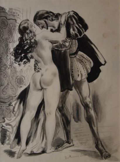 BERTHOMMÉ-SAINT-ANDRÉ Louis, 1905 -1977 Séduction à la Renaissance Aquarelle (rousseurs),...